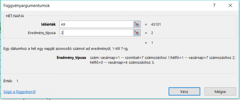Hét.napja függvény