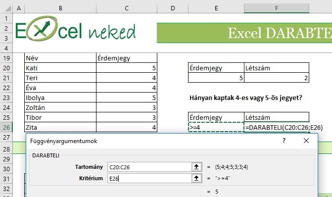 Excel DARABTELI